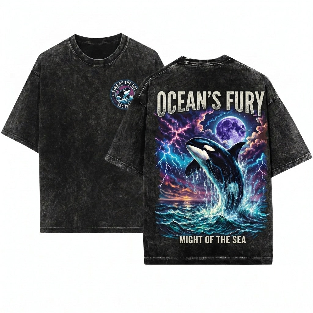 Vintage 90s Orca Midnight Lightning Ocean Wildlife Graphic Unisex Wash T-Shirt