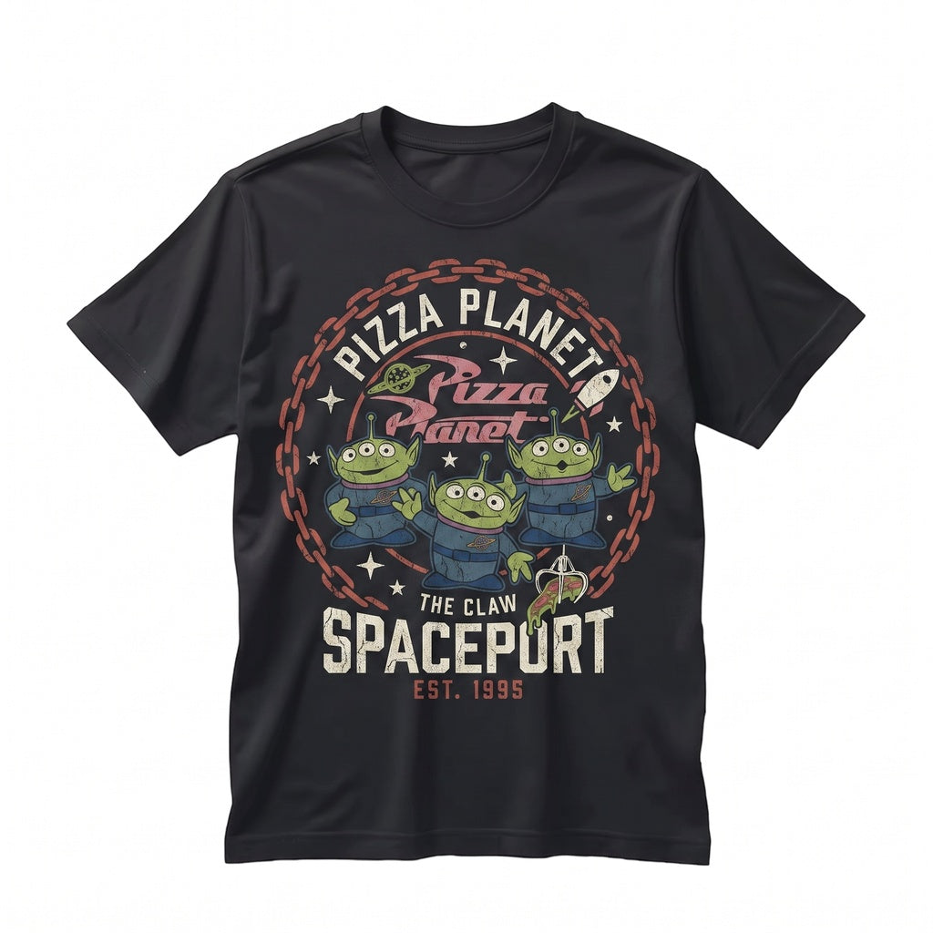 Retro Pizza Planet Spaceport Little Green Aliens Family Vacation Graphic Top Unisex TShirt
