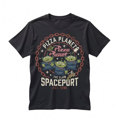 Retro Pizza Planet Spaceport Little Green Aliens Family Vacation Graphic Top Unisex TShirt