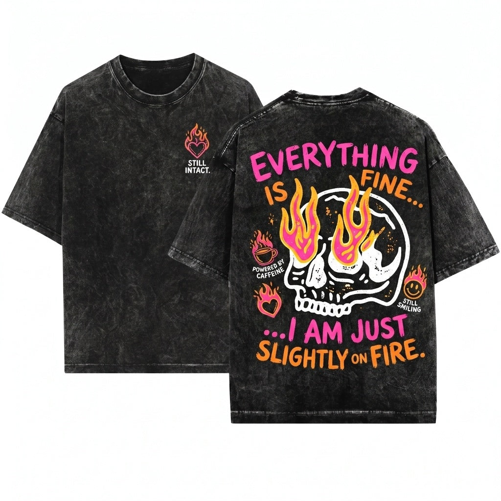 Everything is Fine Retro Grunge Sarcastic Funny Skeleton Festival Rebel Pink Flames Unisex Wash T-Shirt