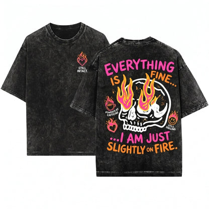 Everything is Fine Retro Grunge Sarcastic Funny Skeleton Festival Rebel Pink Flames Unisex Wash T-Shirt