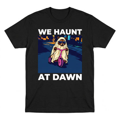 Funny Spooky Ghost Raccoon Riding Tricycle We Haunt At Dawn Graphic Unisex TShirt