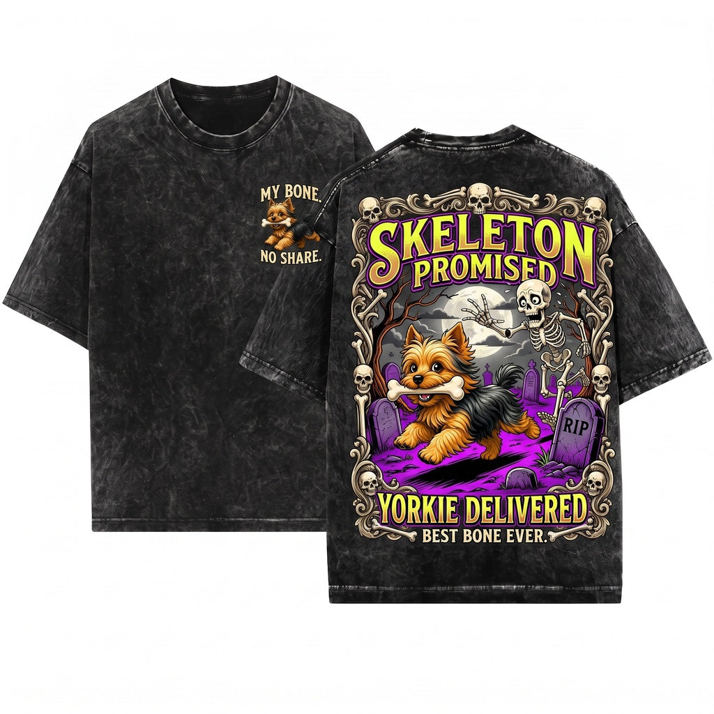 Funny Yorkie Skeleton Cute Halloween Yorkshire Terrier Graphic Unisex Wash T-Shirt