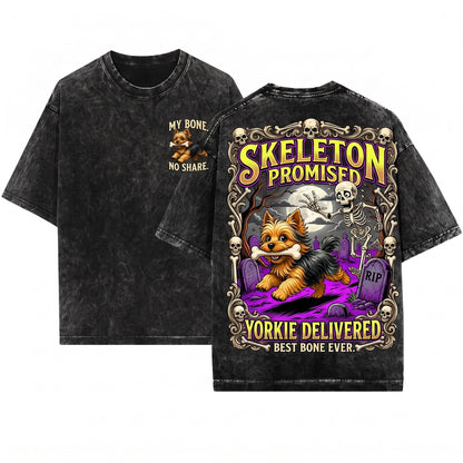 Funny Yorkie Skeleton Cute Halloween Yorkshire Terrier Graphic Unisex Wash T-Shirt