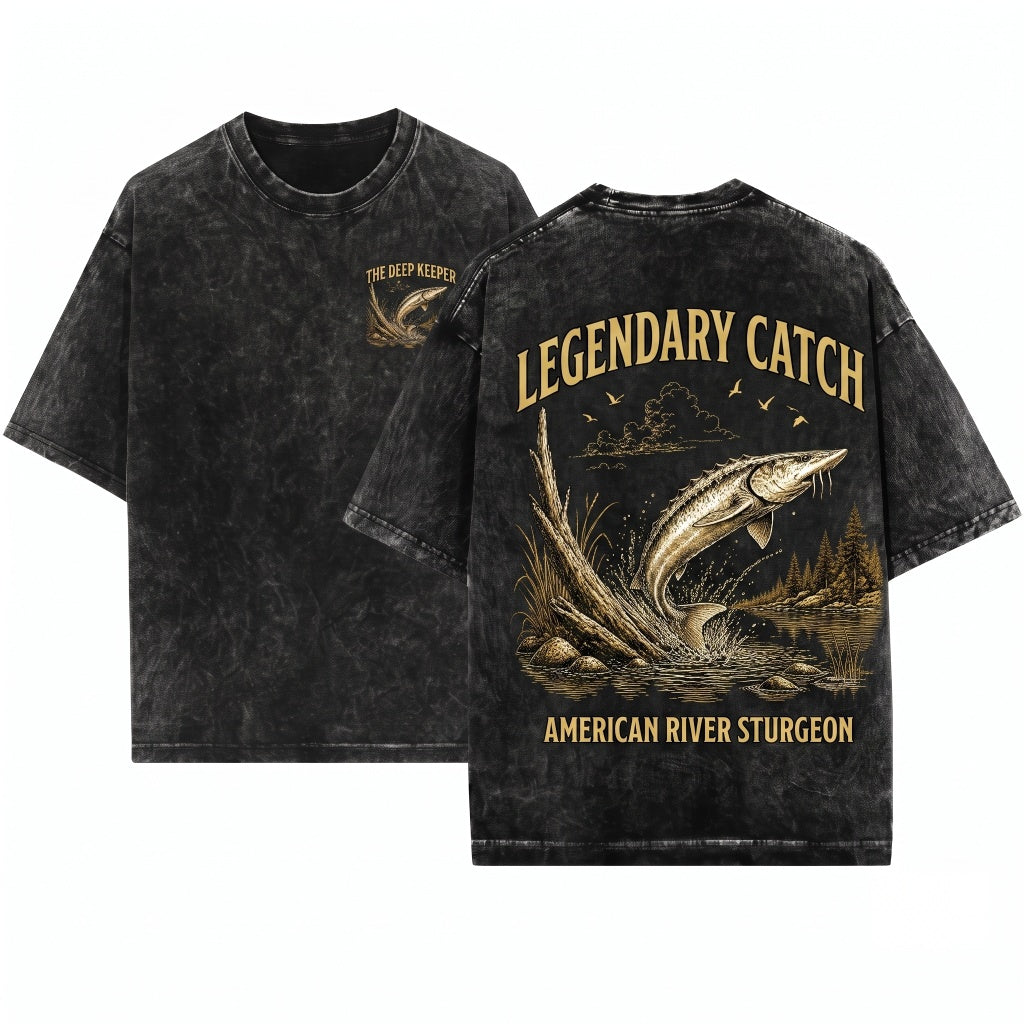 Vintage 90s Retro Sturgeon Fish Fisherman River Monster Graphic Lake Nature Aesthetic Unisex Wash T-Shirt
