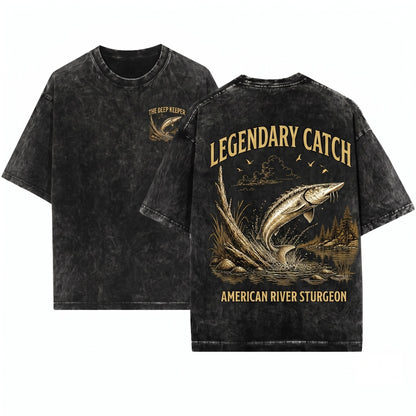 Vintage 90s Retro Sturgeon Fish Fisherman River Monster Graphic Lake Nature Aesthetic Unisex Wash T-Shirt