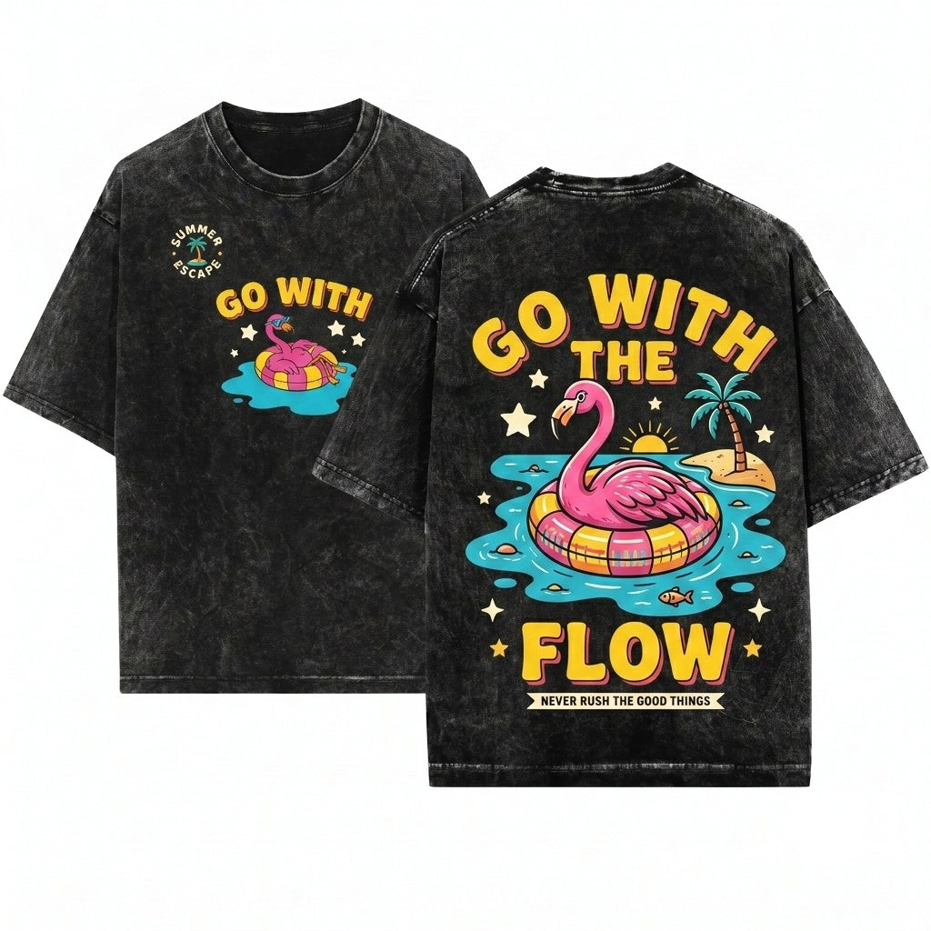 Go With The Flow Flamingo Funny Graphic Tropical Beach Summer Vacation Lake Gift Apparel Unisex Wash T-Shirt