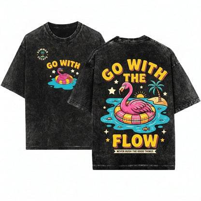 Go With The Flow Flamingo Funny Graphic Tropical Beach Summer Vacation Lake Gift Apparel Unisex Wash T-Shirt