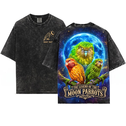 Vintage Three Kakapo Moon Graphic Funny Parrots Lovers Silly Gift Oversized Unisex Wash T-Shirt