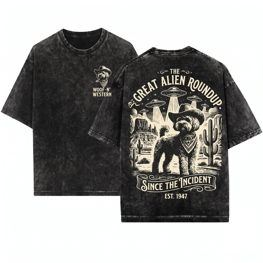 Vintage Cavapoo UFO Cowboy Dog Mom Dad Western Space Pup Country Ranch Wild West Unisex Wash T-Shirt