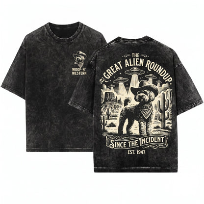 Vintage Cavapoo UFO Cowboy Dog Mom Dad Western Space Pup Country Ranch Wild West Unisex Wash T-Shirt