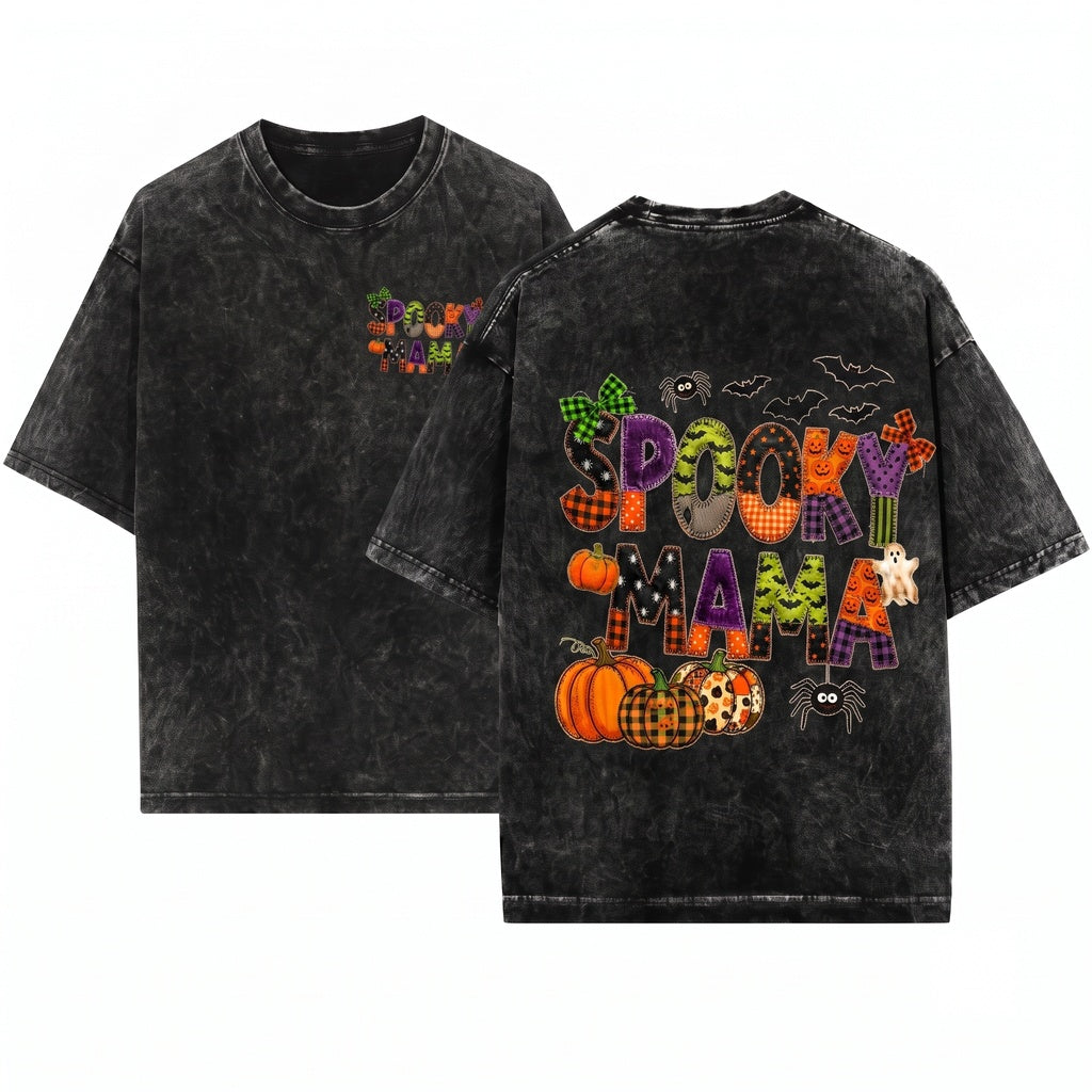 Faux Patchwork Spooky Mama Plaid Halloween Quilt Letter Pumpkin Ghost Fall Graphic Unisex Wash T-Shirt
