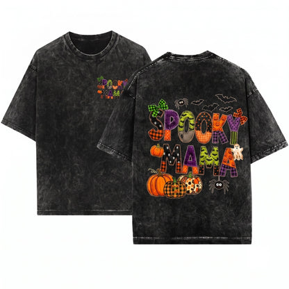 Faux Patchwork Spooky Mama Plaid Halloween Quilt Letter Pumpkin Ghost Fall Graphic Unisex Wash T-Shirt