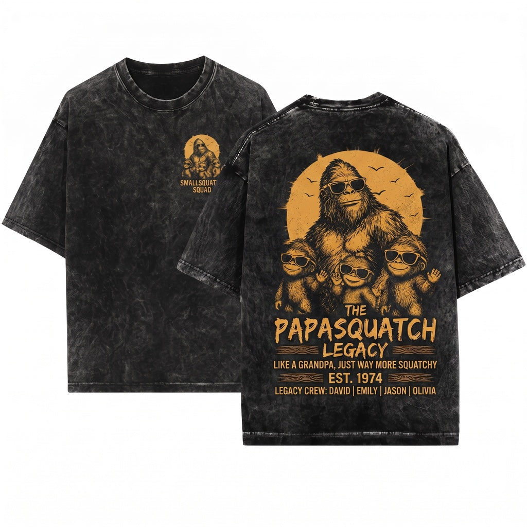Personalized Papasquatch Like Grandpa Way More Squatchy Fathers Day Gift Cool Dad Custom Name Apparel Unisex Wash T-Shirt