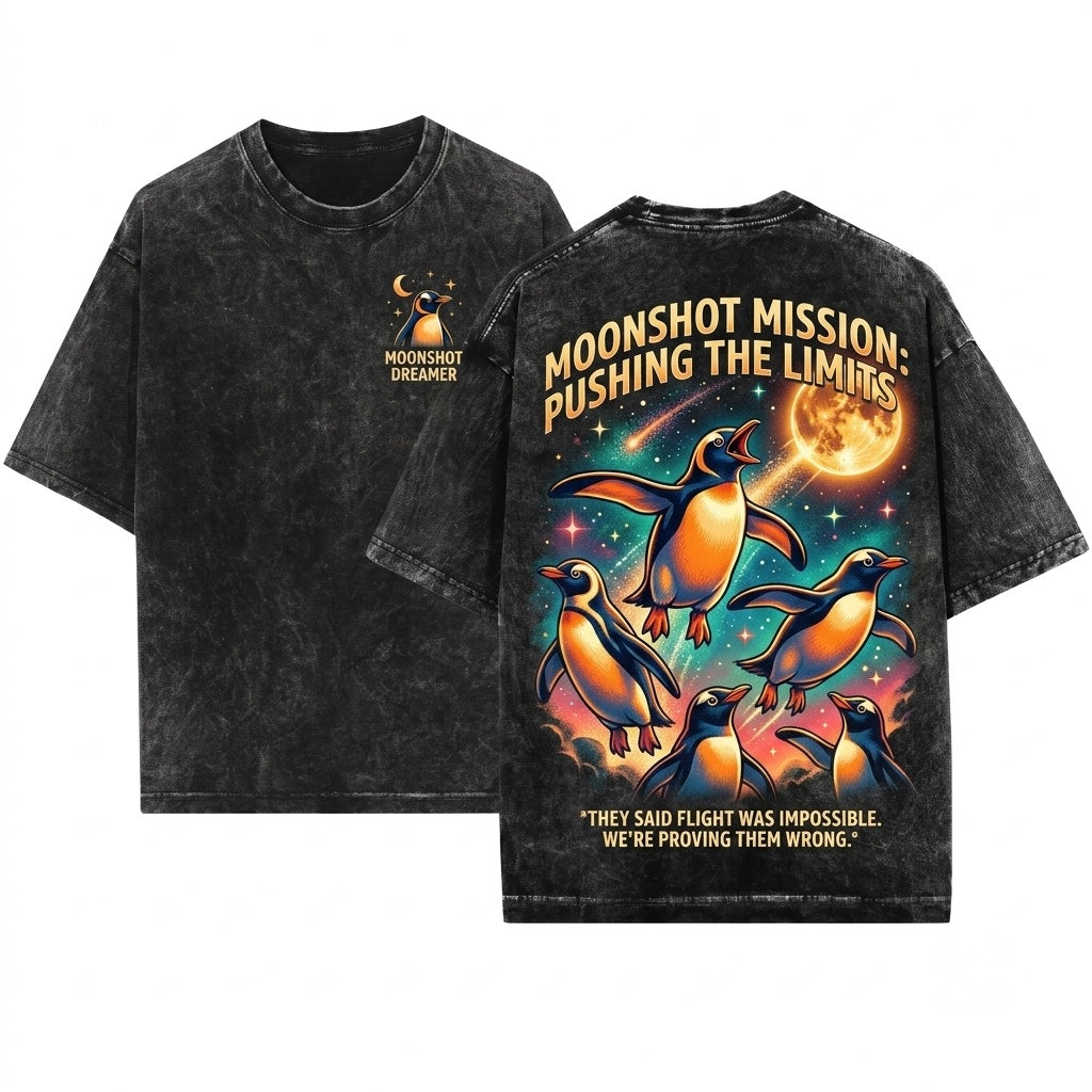 Three Gentoo Penguin Moon Vintage Cute Funny Antarctic Bird Lover Graphic Unisex Wash T-Shirt