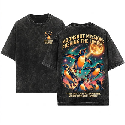 Three Gentoo Penguin Moon Vintage Cute Funny Antarctic Bird Lover Graphic Unisex Wash T-Shirt