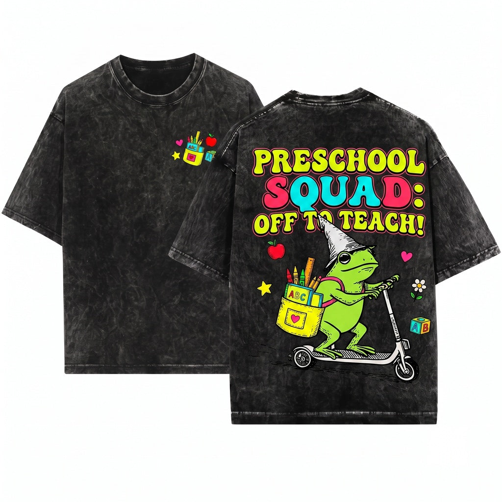 Off To Teach Preschool Frog Riding Scooter Funny Back School Educator Gift Unisex Wash T-Shirt