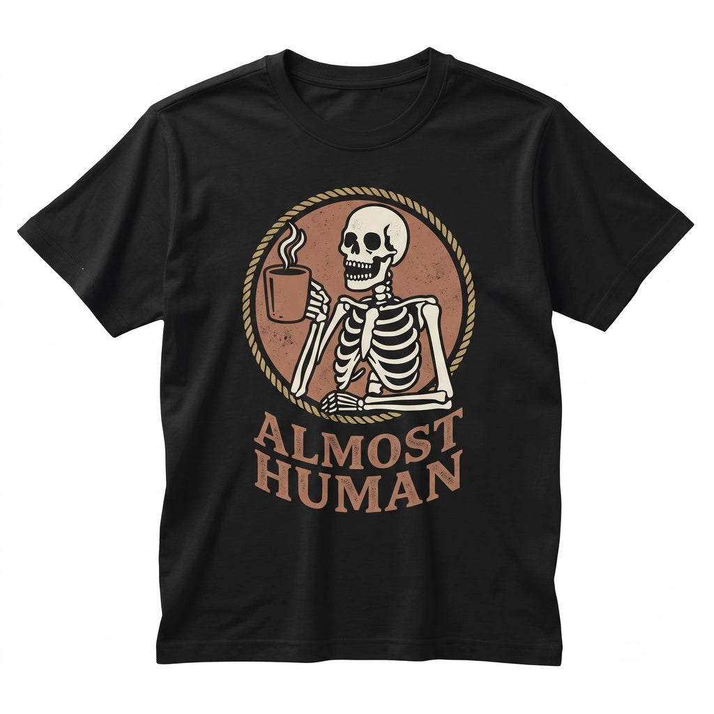 Skeleton Coffee Graphic Funny Sarcastic Almost Human Caffeine Lover Gift Apparel Unisex TShirt