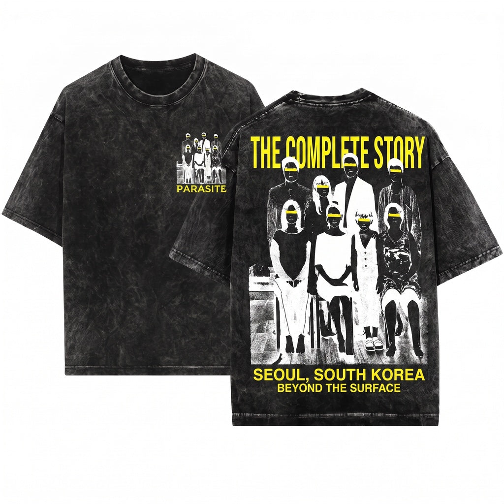 Korean Cinema Parasite Family Portrait Graphic Grunge Vintage Poster Unisex Wash T-Shirt