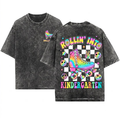 Personalized Retro Roller Skate Grade Name Colorful Checkerboard Back To School Unisex Wash T-Shirt