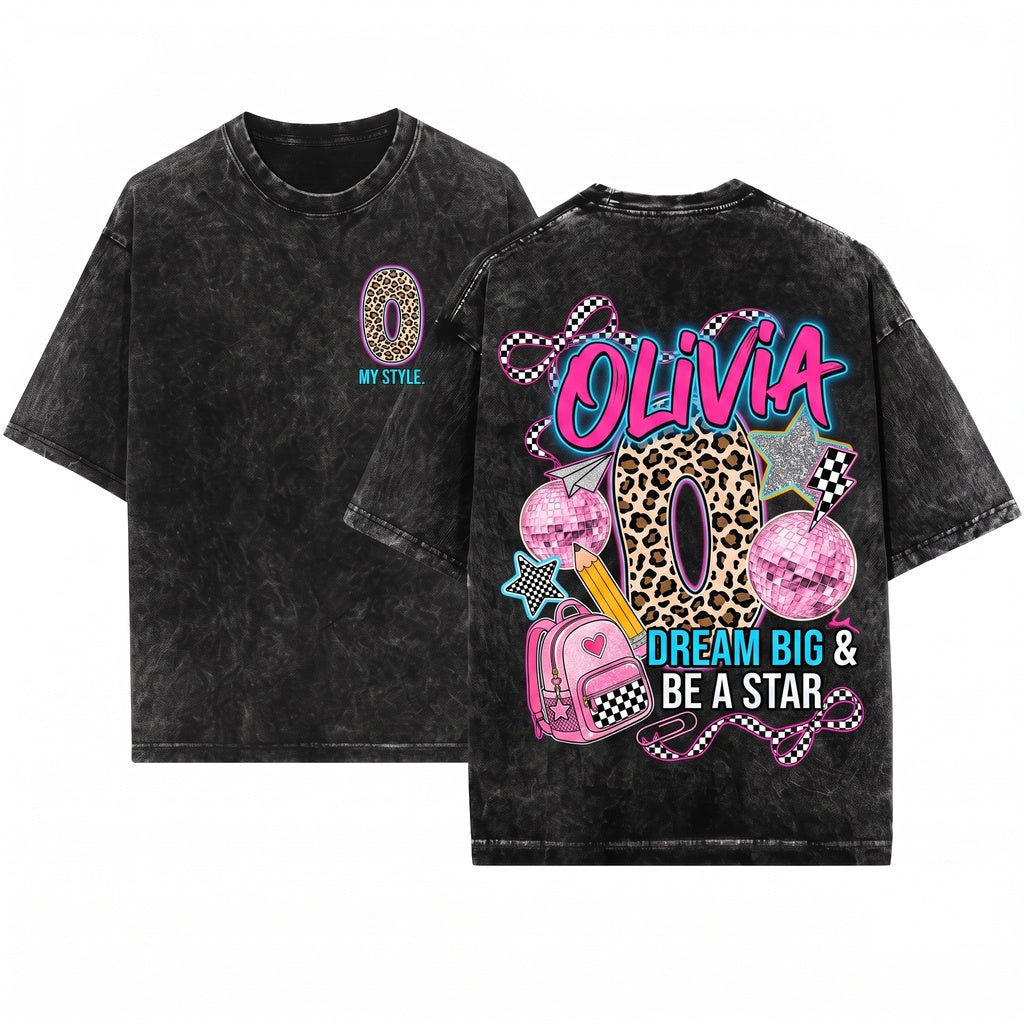 Custom Name Leopard Initial Back To School Girl Coquette Bow Pencil Backpack Student Gift Unisex Wash T-Shirt