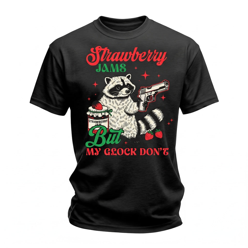 Funny Strawberry Jams Sarcastic Raccoon Gun Animal Meme Trash Panda Graphic Unisex TShirt