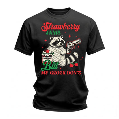 Funny Strawberry Jams Sarcastic Raccoon Gun Animal Meme Trash Panda Graphic Unisex TShirt
