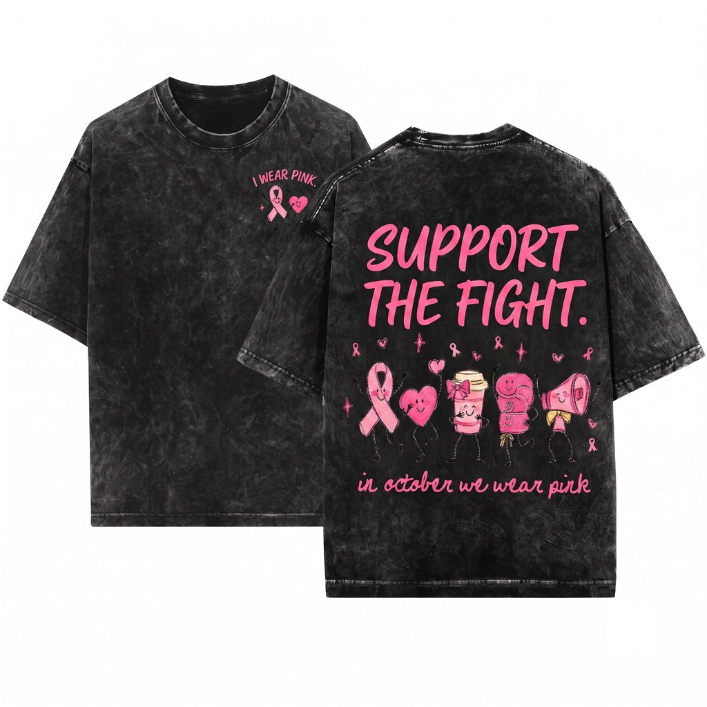 In October We Wear Pink Breast Cancer Awareness Cute Doodles Ribbon Coffee Boxing Gloves Megaphone Unisex Wash T-Shirt
