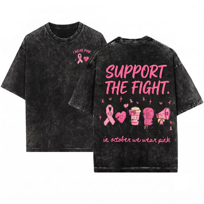 In October We Wear Pink Breast Cancer Awareness Cute Doodles Ribbon Coffee Boxing Gloves Megaphone Unisex Wash T-Shirt
