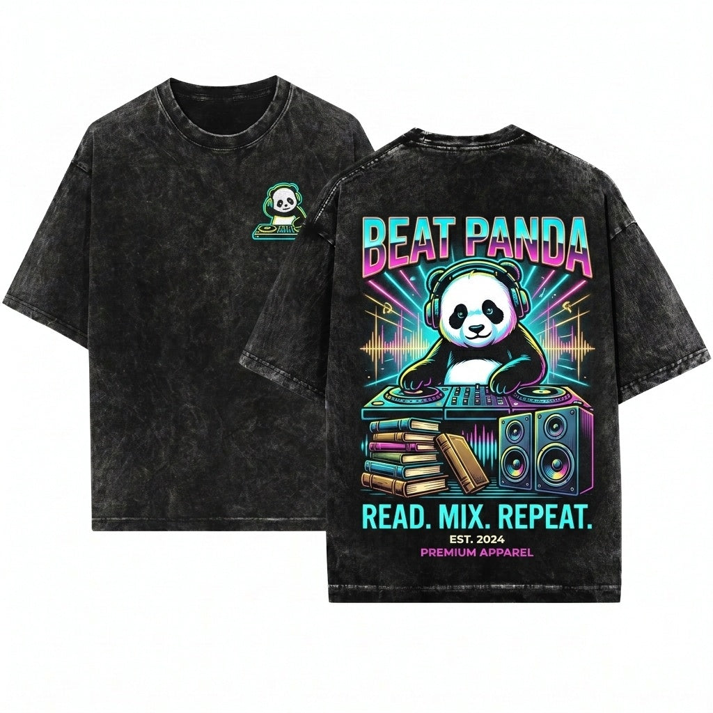 Cute DJ Panda Embroidered Animal Music Lover Heavyweight Vintage Garment Unisex Wash T-Shirt