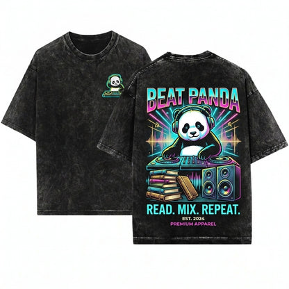 Cute DJ Panda Embroidered Animal Music Lover Heavyweight Vintage Garment Unisex Wash T-Shirt