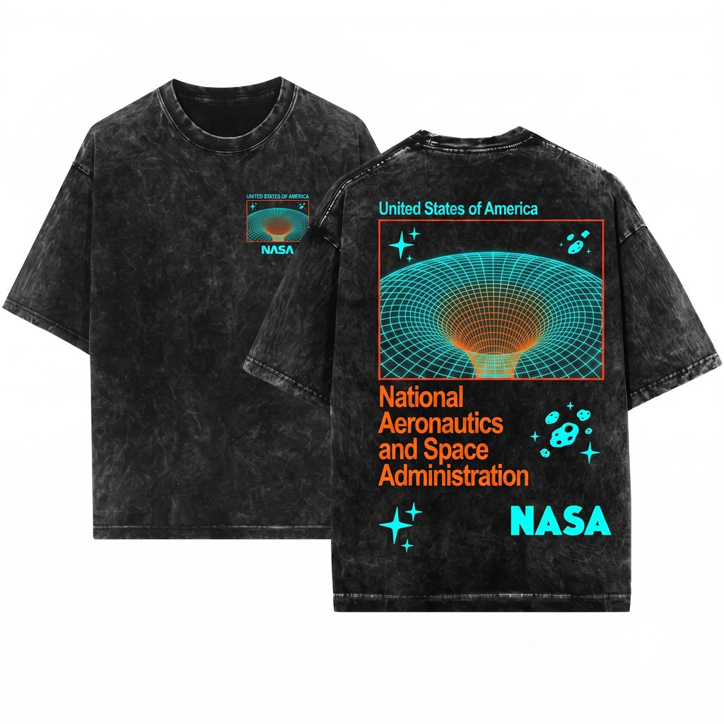 NASA Wormhole Retro Space Logo Front Back Graphic Print Unisex Wash T-Shirt