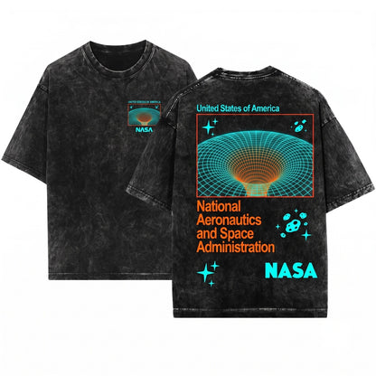NASA Wormhole Retro Space Logo Front Back Graphic Print Unisex Wash T-Shirt