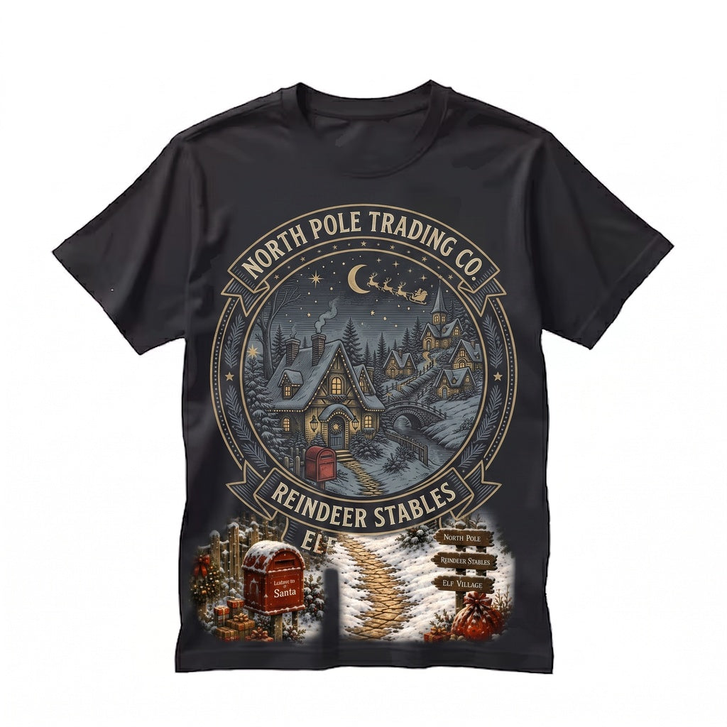 Vintage Snowy Christmas Village Santa Sleigh Cozy Holiday Winter Graphic Gift Unisex TShirt