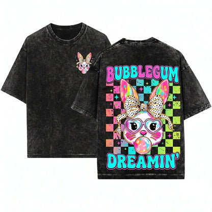 Easter Bunny Coquette Brushstroke Happy Womens Graphic Tee Unisex Wash T-Shirt
