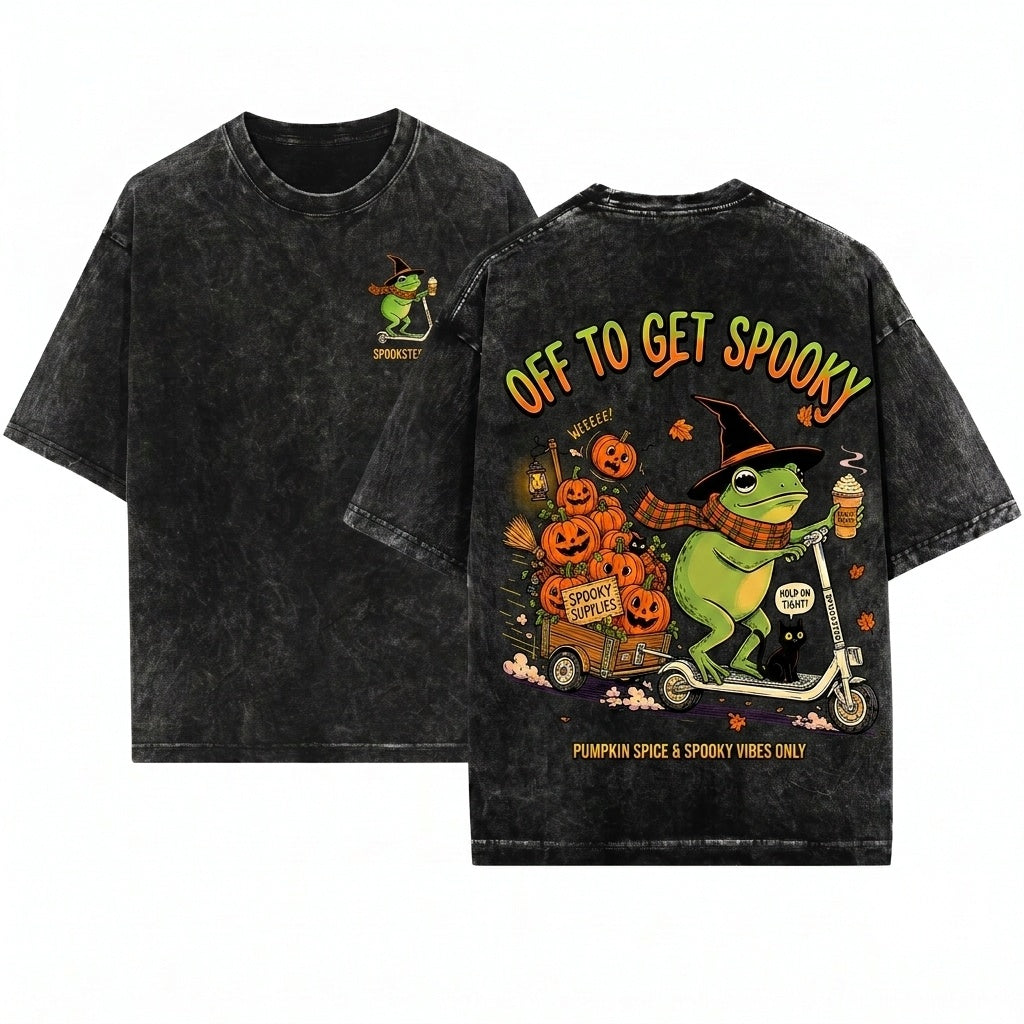 Vintage Halloween Frog Riding Scooter Pumpkin Cart Off Get Spooky Season Funny Fall Sweatshirt Unisex Wash T-Shirt