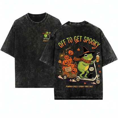 Vintage Halloween Frog Riding Scooter Pumpkin Cart Off Get Spooky Season Funny Fall Sweatshirt Unisex Wash T-Shirt