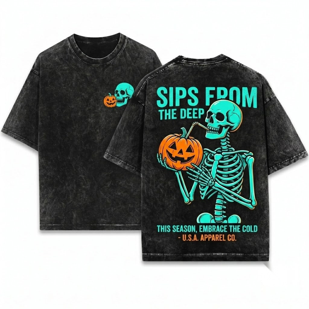 Tis The Season Skeleton Pumpkin Halloween Summerween Fall Unisex Wash T-Shirt
