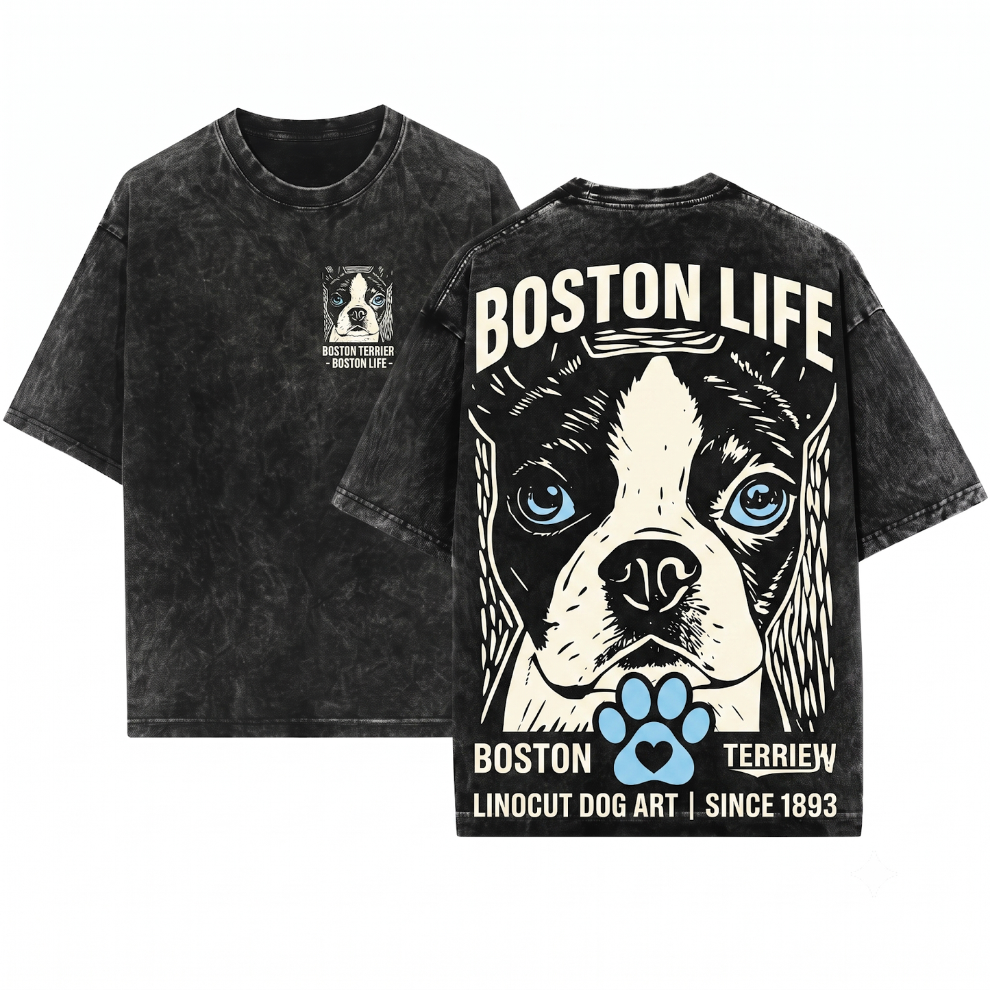 Retro Boston Terrier Ink Engraving Shirt Funny Vintage Dog Face Mom Dad Gift Unisex Heavyweight Garment-Dyed T-Shirt