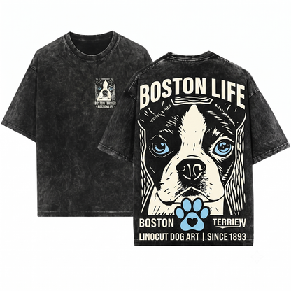 Retro Boston Terrier Ink Engraving Shirt Funny Vintage Dog Face Mom Dad Gift Unisex Heavyweight Garment-Dyed T-Shirt