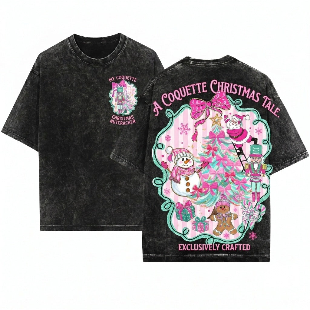 Glitter Pink Brushstroke Christmas Gingerbread Snowman Santa Nutcracker Coquette Tree Candy Unisex Wash T-Shirt