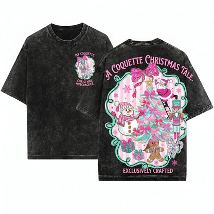 Glitter Pink Brushstroke Christmas Gingerbread Snowman Santa Nutcracker Coquette Tree Candy Unisex Wash T-Shirt