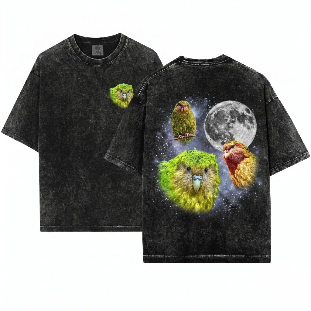 Vintage Moon Kakapo Retro Graphic Oversized Silly Gift Parrot Lovers Unisex Wash T-Shirt