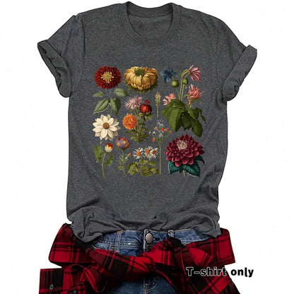 Dark gray t-shirt with colorful vintage botanical flower print, rolled sleeves, casual style