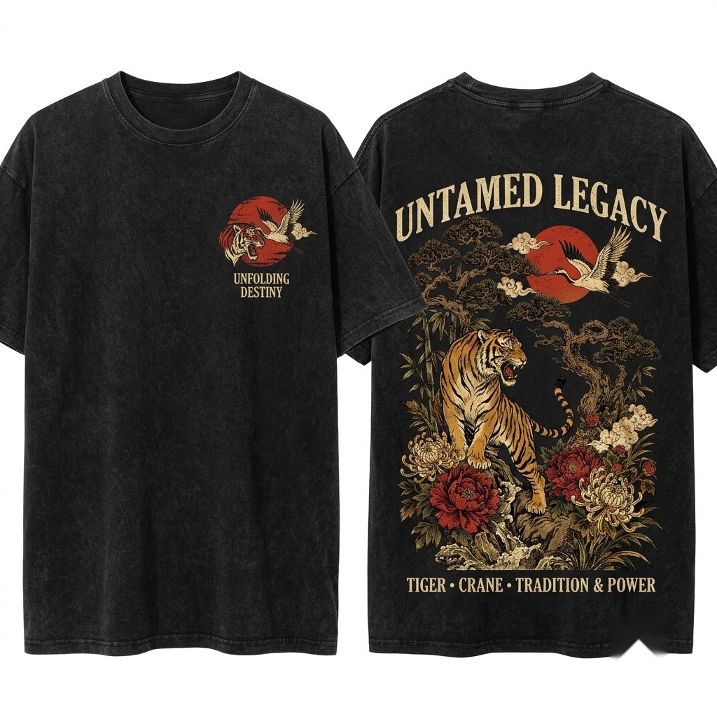 Vintage Japanese Tiger Graphic Floral Asian Art Samurai Nature Style Gift Unisex Wash T-Shirt