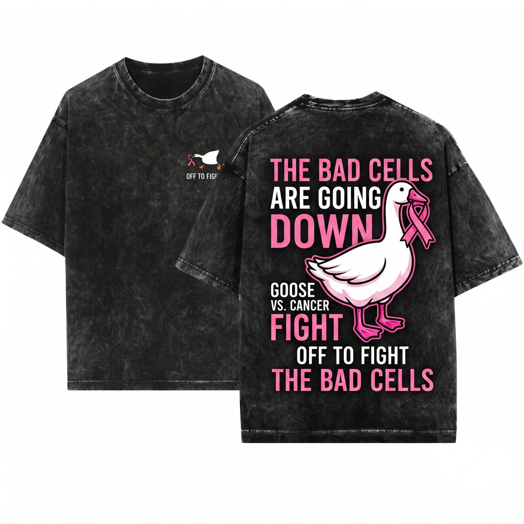Pink Ribbon Breast Cancer Support Off To Fight Bad Cells Goose Graphic Unisex Wash T-Shirt