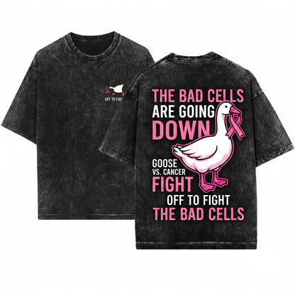 Pink Ribbon Breast Cancer Support Off To Fight Bad Cells Goose Graphic Unisex Wash T-Shirt