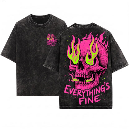 Everything is Fine Retro Grunge Sarcastic Funny Skeleton Festival Rebel Neon Wash T-Shirt