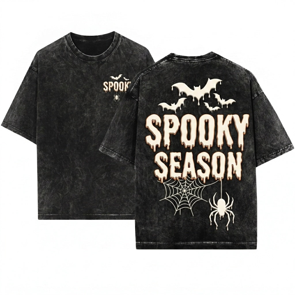 Spooky Halloween Embroidered Gothic Bat Spider Black Fall Cozy Witchy Gift Unisex Wash T-Shirt