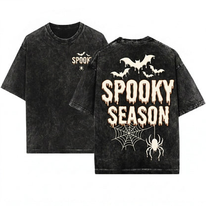 Spooky Halloween Embroidered Gothic Bat Spider Black Fall Cozy Witchy Gift Unisex Wash T-Shirt
